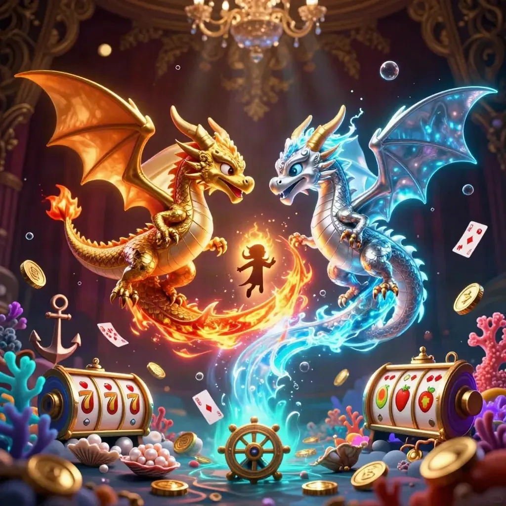 Twin gold and silver dragons form a yin-yang with treasure, bubbles, and casino symbols.