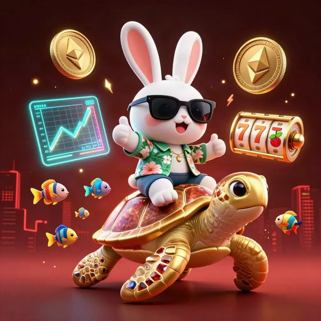 Rabbit in sunglasses rides a gold sea turtle amid casino coins, slots, and neon effects.