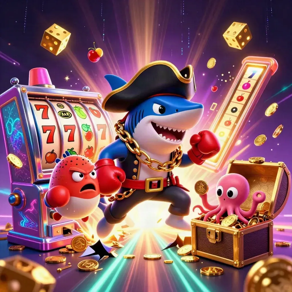 Pirate shark, red pufferfish, and octopus burst from a slot machine with gold coins and neon sparks