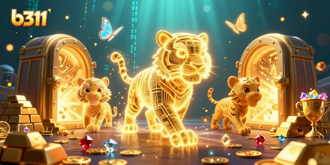 Explore jogos e bônus no b311, com tigres luminosos e cofres de tesouro em um cassino digital.