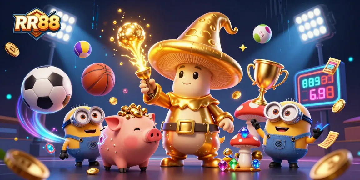 Experience thrilling gameplay at RR88 with a vibrant 3D illustration filled with magic and sports excitement.
