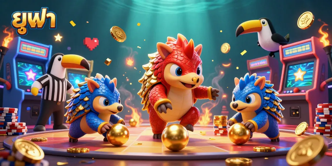 Engage in exciting online gaming with ยูฟ่า, featuring dynamic pangolin characters and vibrant casino elements.