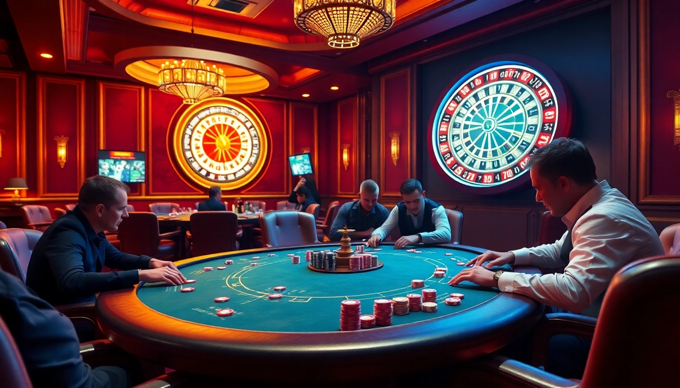 Leci123 gambling scene featuring poker chips and a roulette wheel, illustrating high-stakes gameplay excitement.