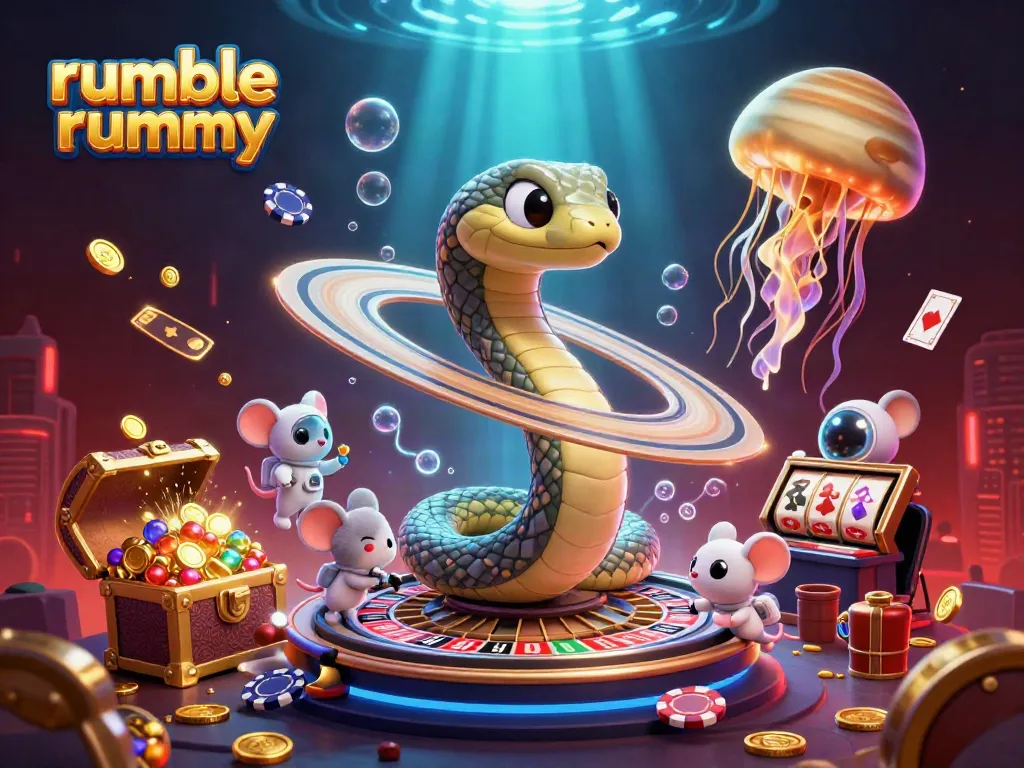Engage in rumble rummy gameplay with vivid illustrations of players and gaming elements in an immersive scene.