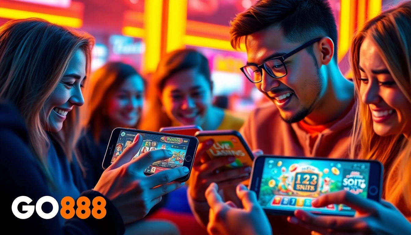 GO88 gamers enjoying a vibrant online gaming experience with diverse games on mobile devices.