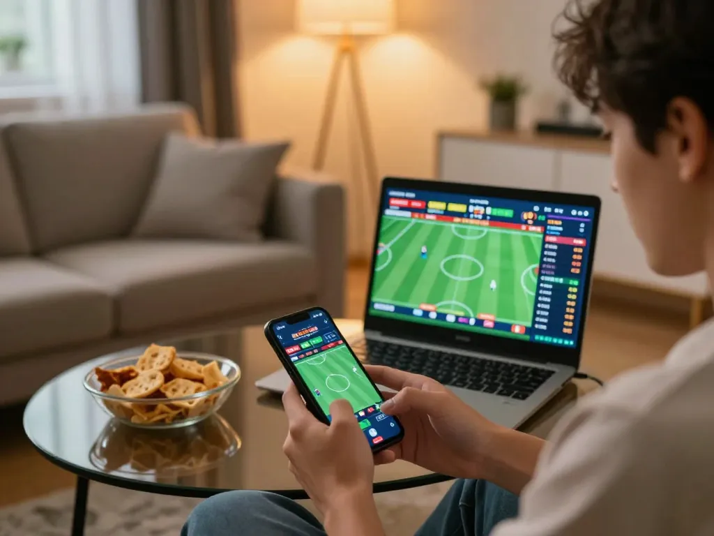 Placing bets on xx88 com using a smartphone in a cozy home environment during a sports game