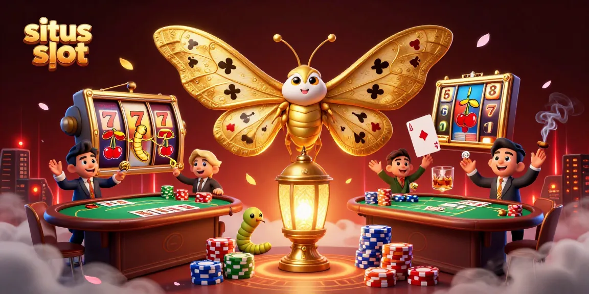 Experience the excitement of situs slot as golden moths weave casino tales in a vibrant, dynamic scene.