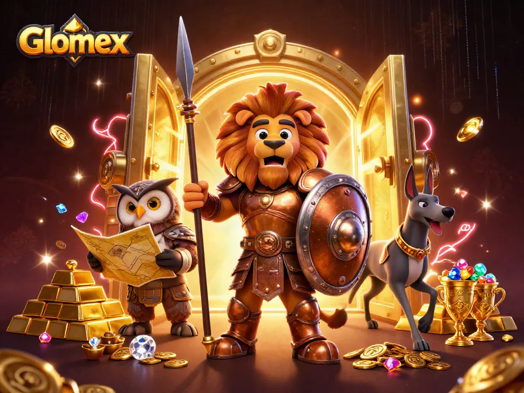Engage in Glomex casino action with a Spartan lion, tactical owl, and swift greyhound amidst treasures.