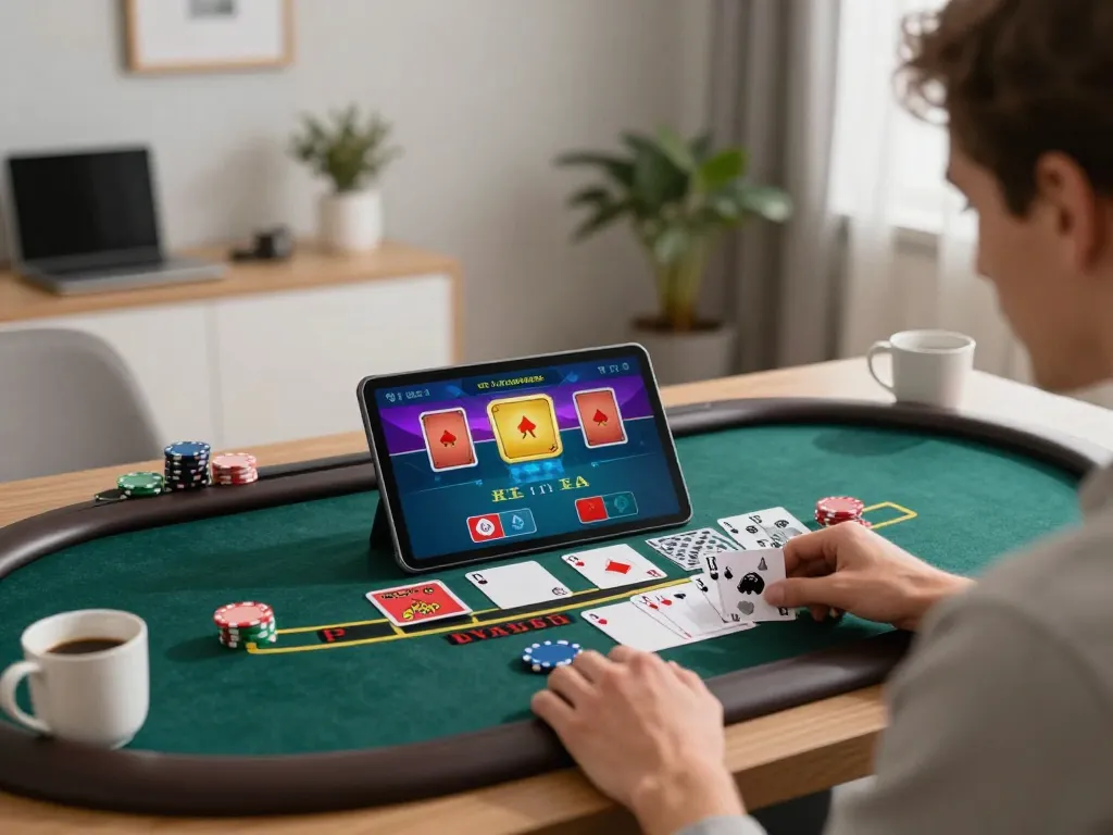 Engaging in live blackjack gameplay on 388bet with a tablet at home.