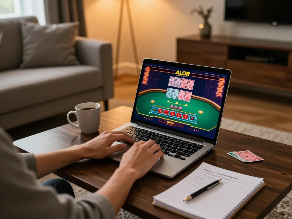 Person engaging with ALO8 online casino on laptop at home, showcasing live dealer action.