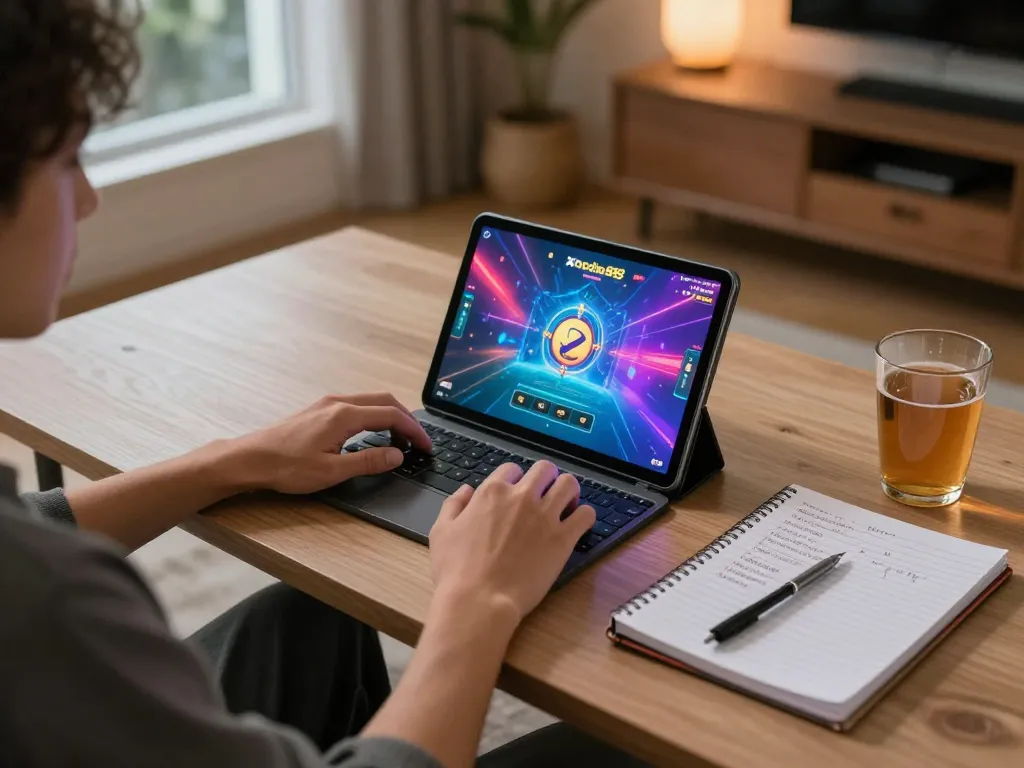 Player enjoying xocdia88 online gameplay on a tablet, showcasing a strategic home gaming setup.
