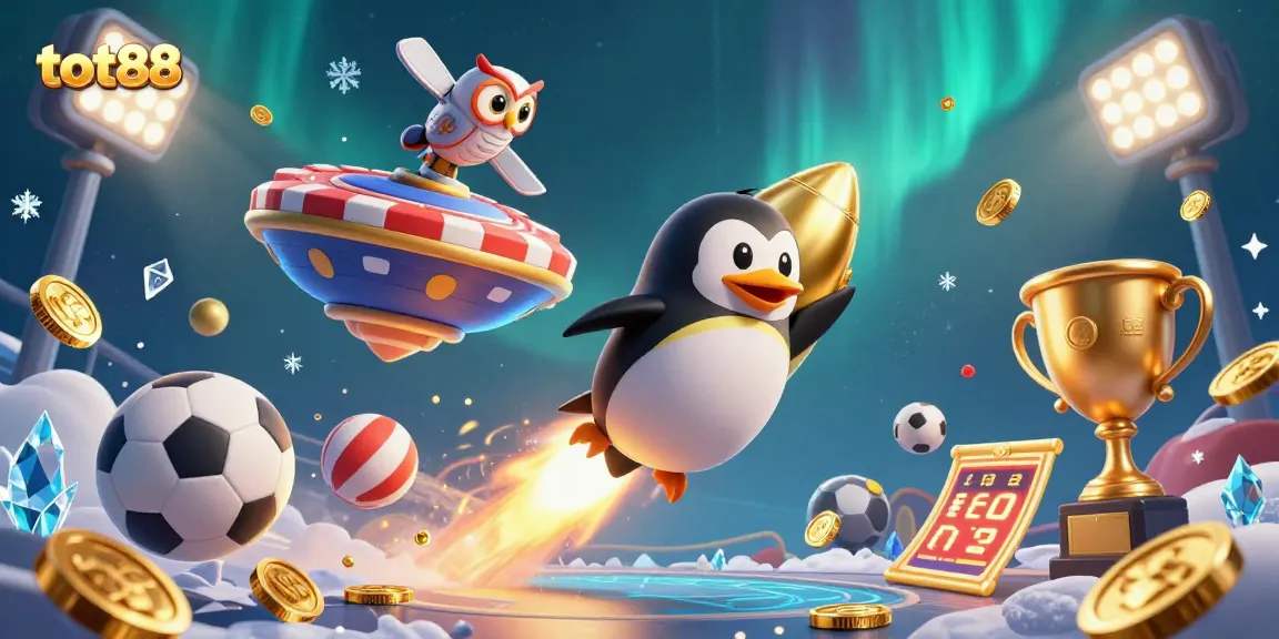 Experience the thrilling universe of tot88 as a golden penguin rockets towards a casino star base!