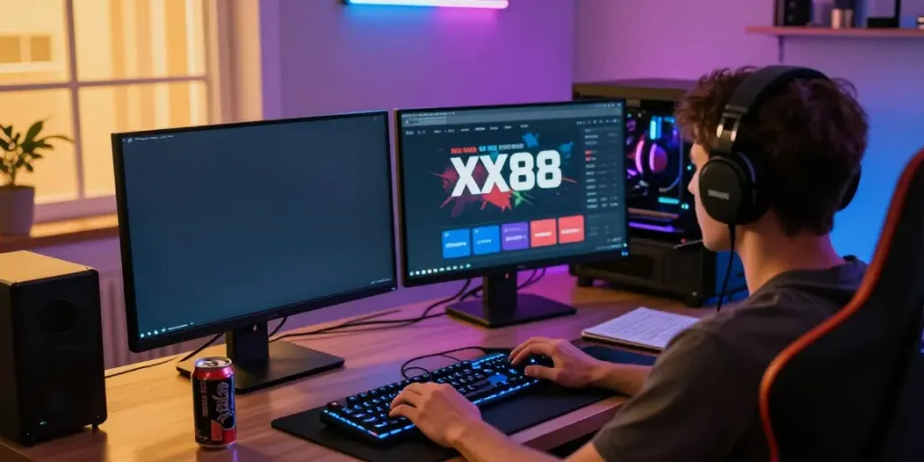 Gamer engaged with the XX88 platform in a modern setup, showcasing an immersive gaming atmosphere.
