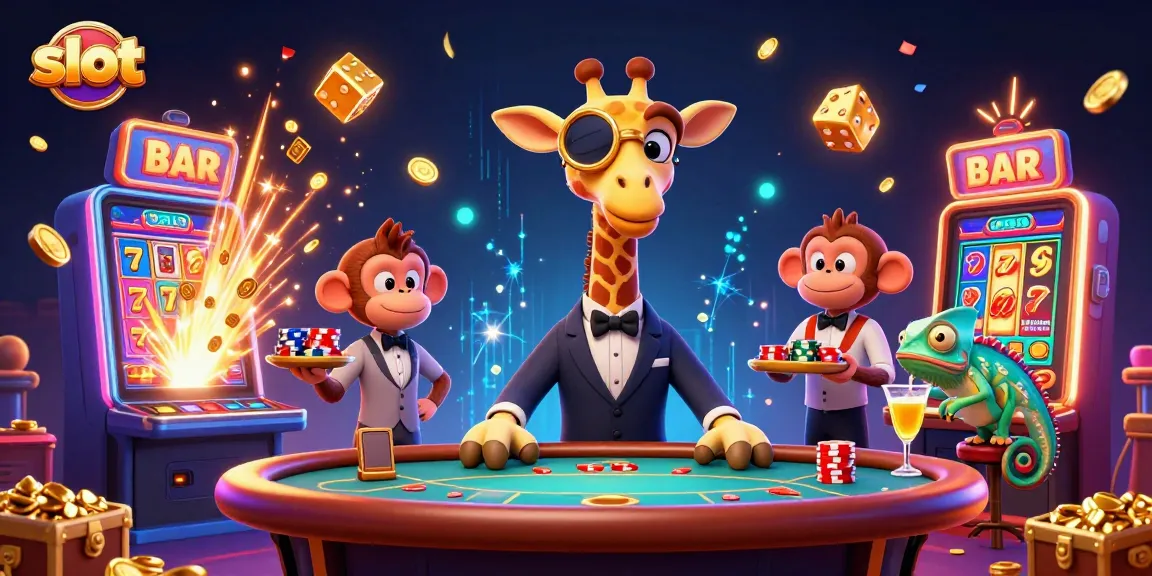 Spin the slot reels with excitement as the high-roller giraffe and friends celebrate big wins.
