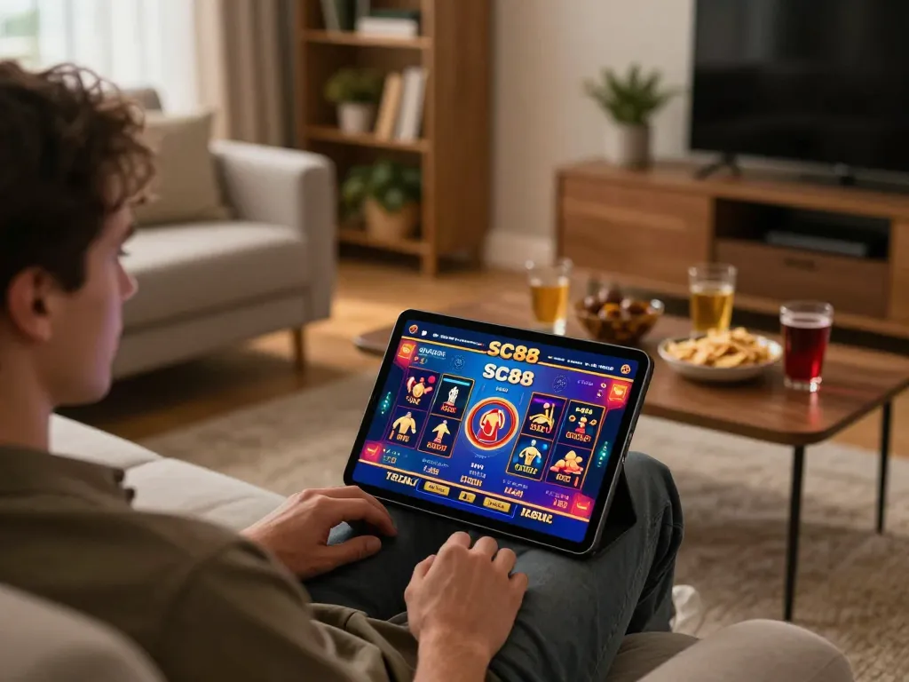 Engaged player enjoying SC88 online casino games from a cozy home setting