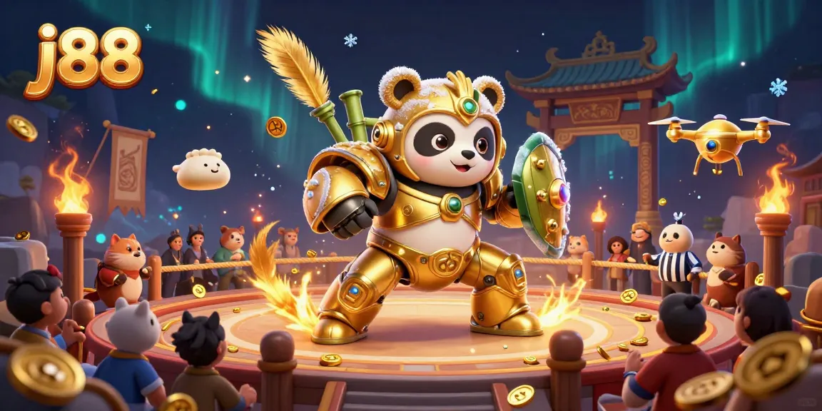 Experience the excitement of j88 with a thrilling mech-suit panda battle in a colorful gambling arena.