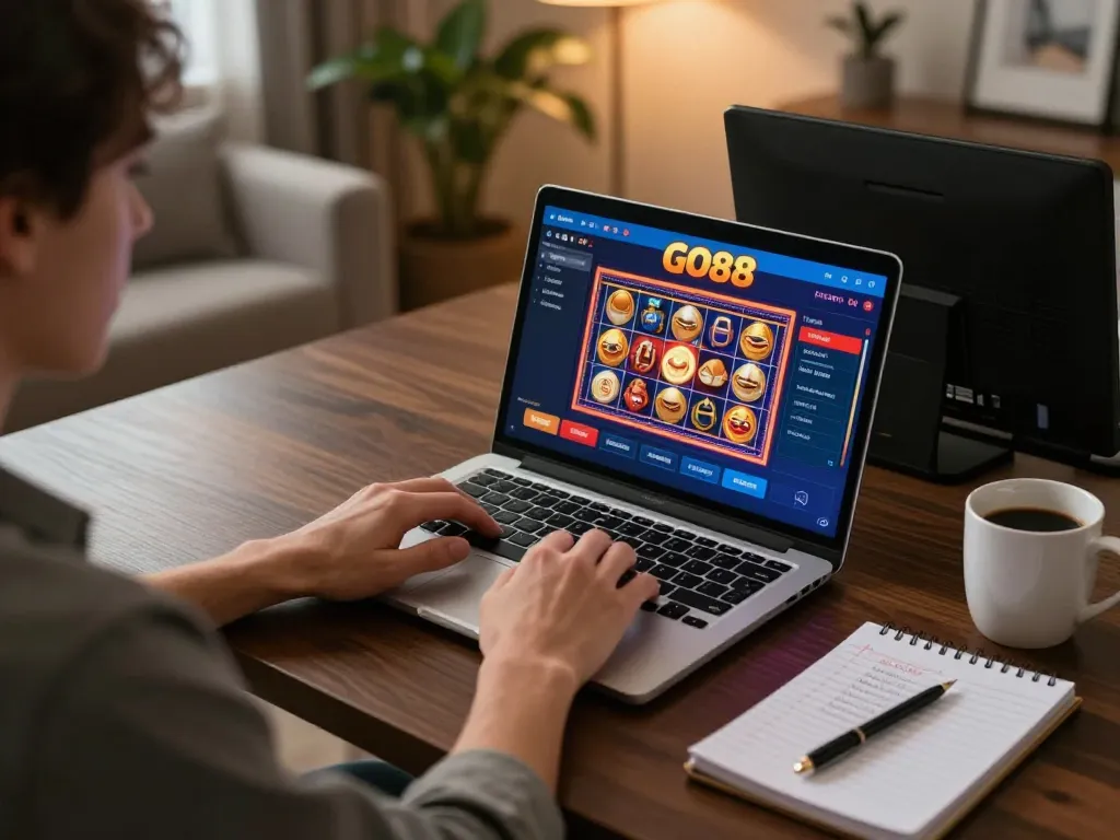 Engaging with GO88's online slots interface at home, showcasing strategic gameplay