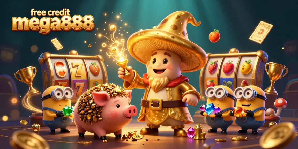 Win with free credit mega888 in an enchanting casino scene with golden characters and dynamic game elements.
