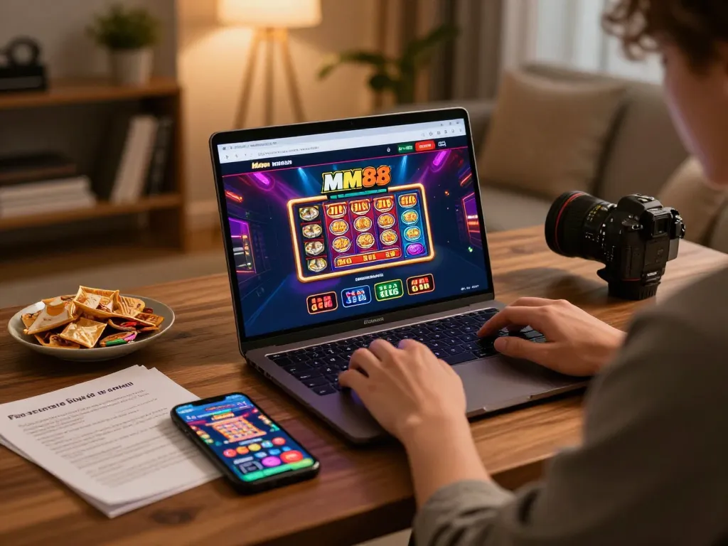 Engaging in thrilling gameplay on mm88 casino platform with strategic notes and snacks.