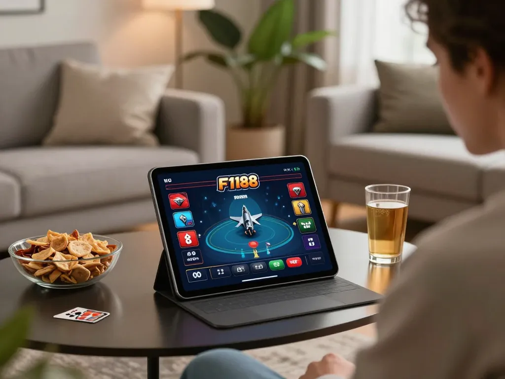 Engaging in F168 online poker gameplay on a tablet in a cozy living room atmosphere.