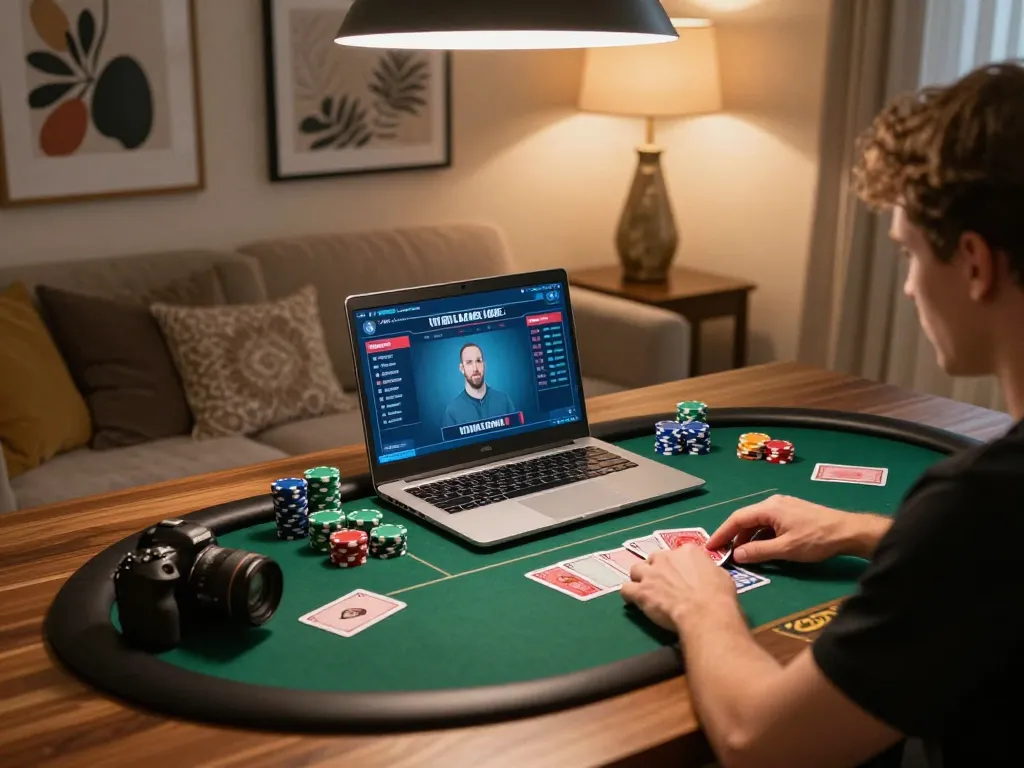 Botanicabali poker player analyzing hand in stylish home gaming setup during intense gameplay.
