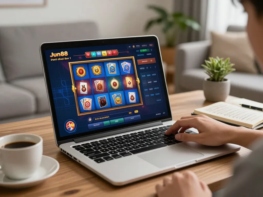 A player immersed in online gaming at jun88 phiên bản 1, showcasing the vibrant slot interface on their laptop in a cozy setting.
