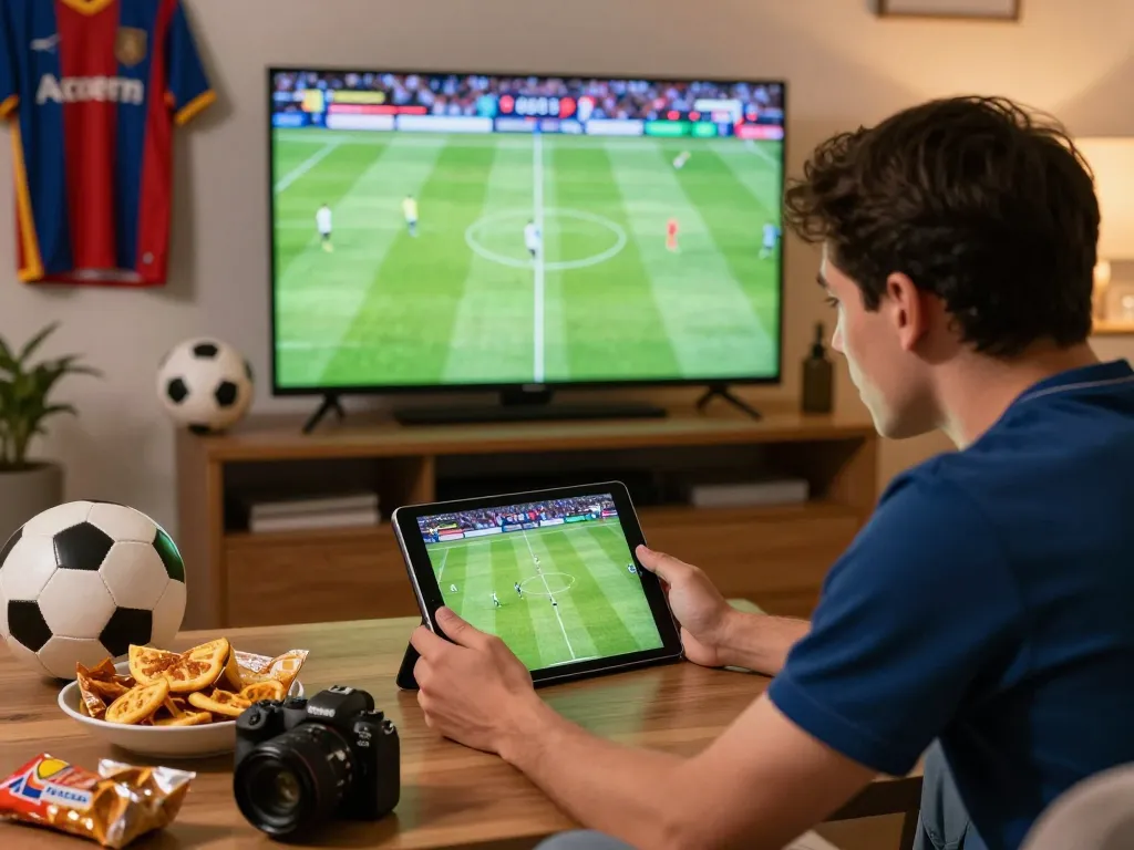 Football fan engaged with Nowgoal live scores on tablet, vibrant home atmosphere.