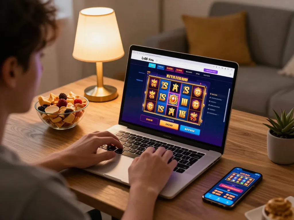 Playing online games on Lc88 Vina casino platform with engaging slot visuals in a cozy setup.