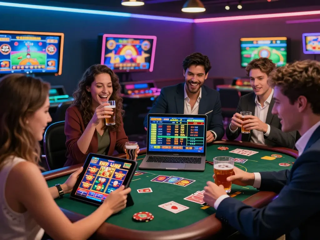 88aa nhà cái uy tín engaging online gambling experience with diverse players enjoying multiple games in a vibrant digital casino setting.