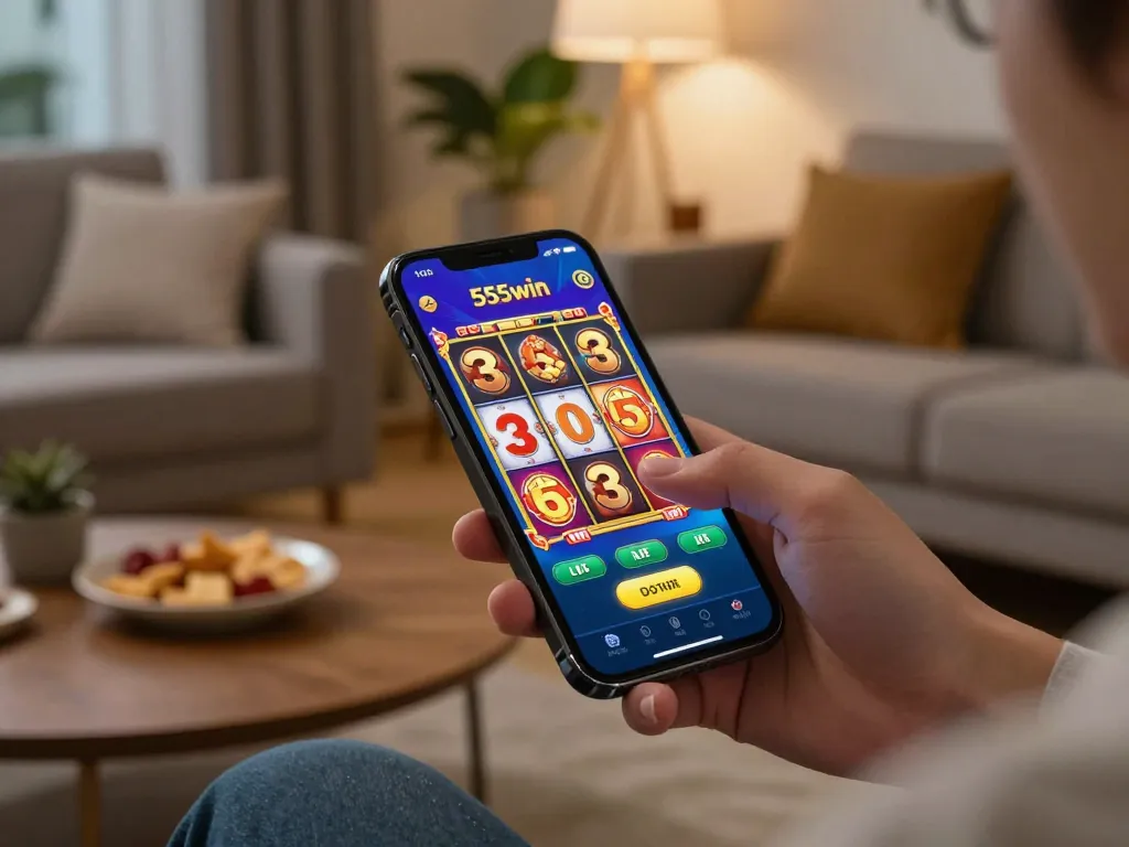 Player enjoying 555win mobile casino app in cozy home setting, engaging with slot game on smartphone.