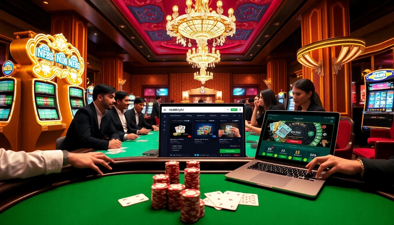 Players at a poker table experiencing thrilling gameplay at https://nk88.fyi/ with vibrant chips and cards.