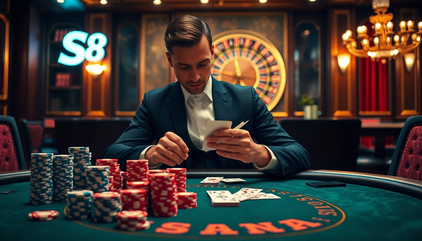 S8 casino scene with a player engaged in high-stakes poker at a luxurious table.