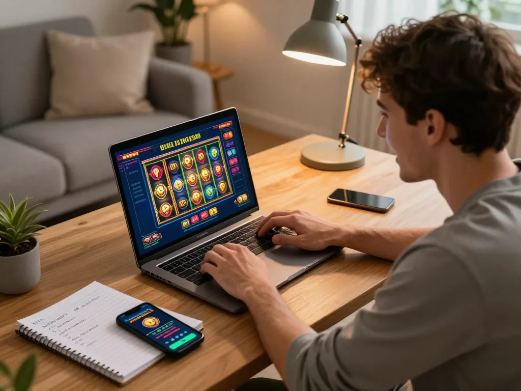 Engaged player exploring link mpo777 for the latest online slots in a cozy home setup.