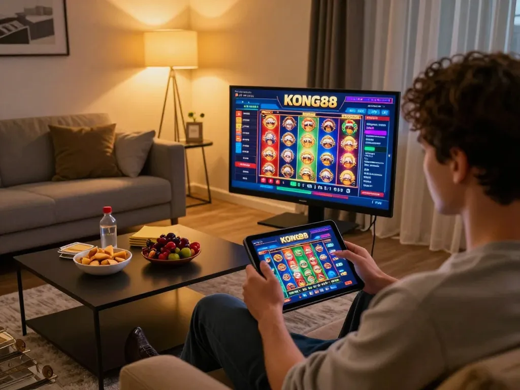 KONG88 player engaging with online casino games at home, showcasing vibrant gaming interface and comfortable setup
