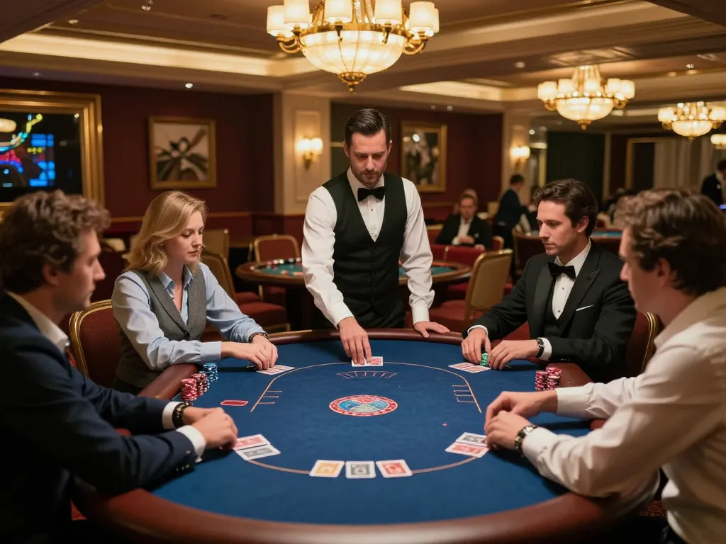 High-stakes players engaged in intense poker game at fabet, showcasing luxurious VIP gaming area
