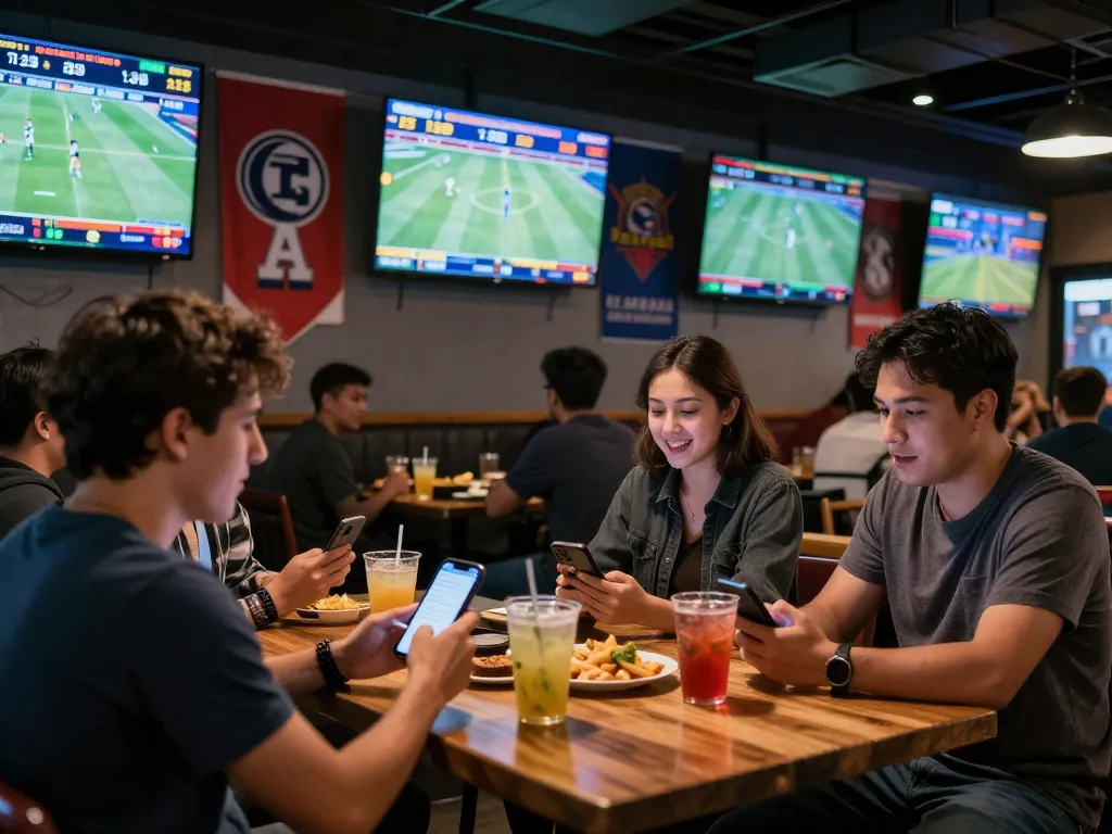 Excited patrons engaging in sports betting at BK8 during a live event with multiple screens displayed