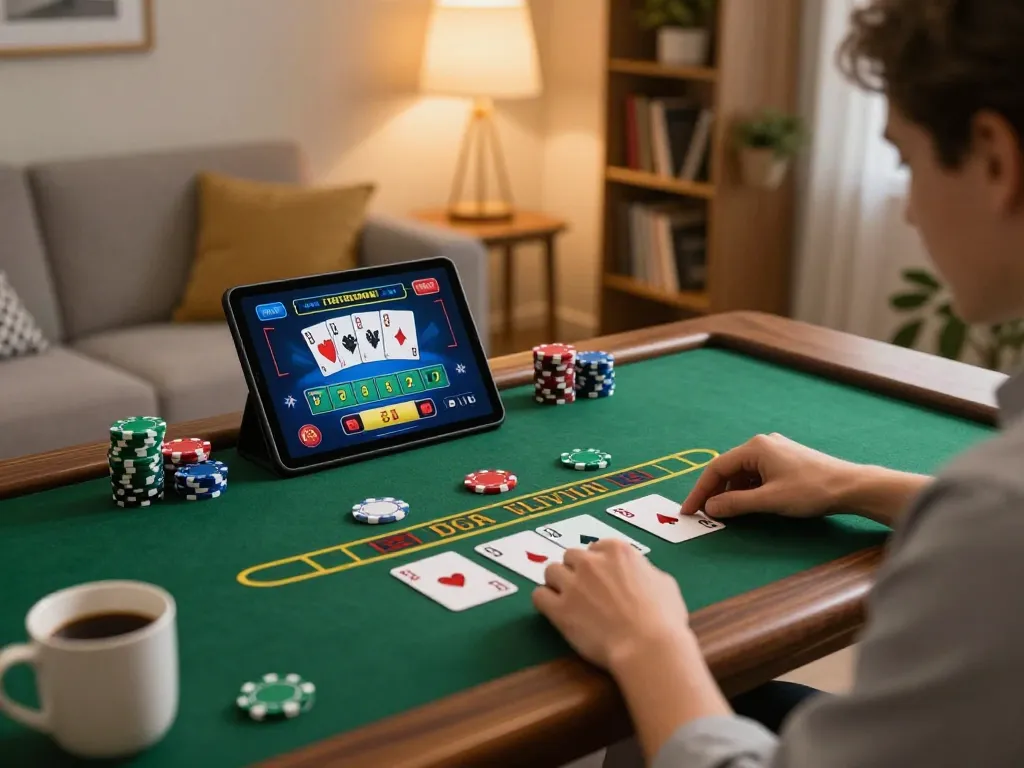 Kuwin user playing blackjack on a tablet in a cozy home setting, emphasizing responsible gaming.