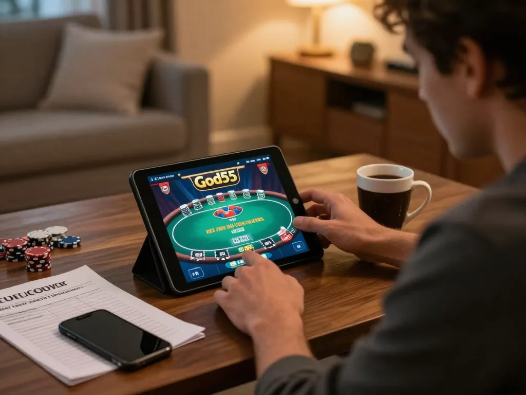 Gambler engaging with God55 app on tablet showcasing poker game, cozy home atmosphere.