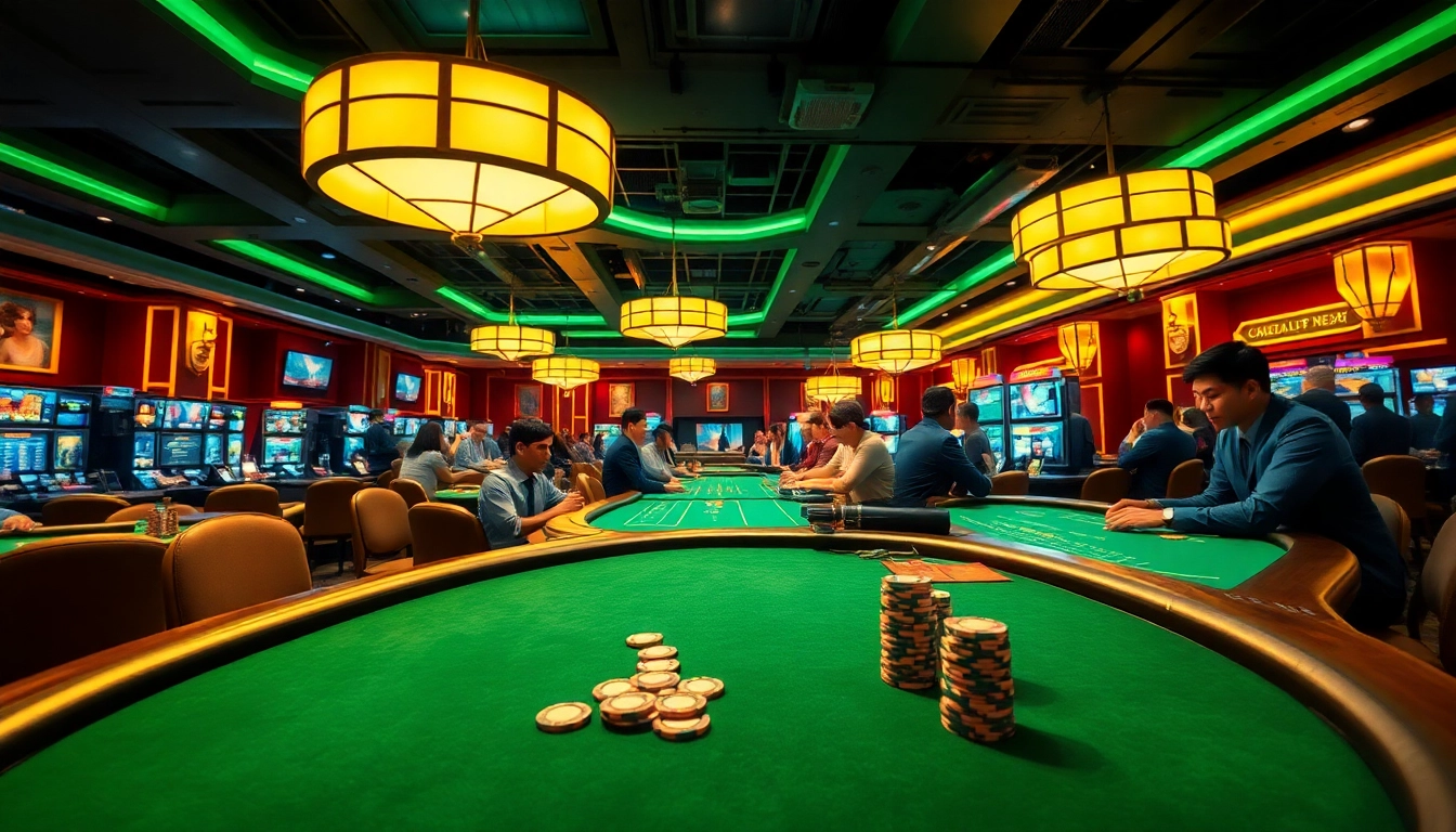 Experience the thrill of y3娛樂 in a lively casino setting with vibrant game tables and enthusiastic players.