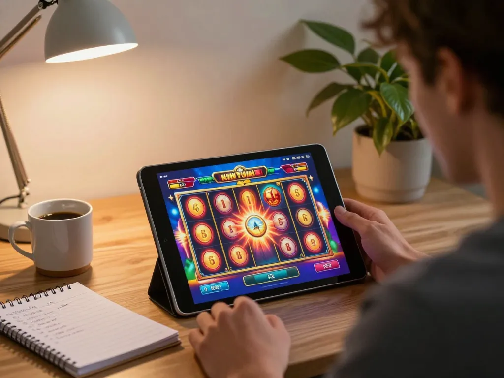 Cucu777 player enjoying slot action on tablet in a cozy home setting with strategic notes