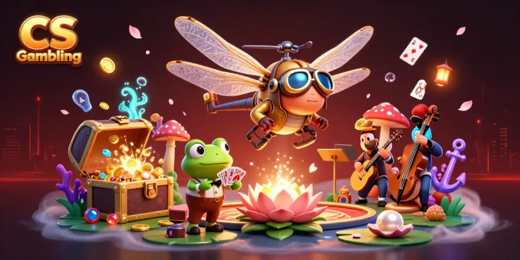 Experience CS Gambling with vibrant characters and rich casino elements in a dynamic 3D illustration.