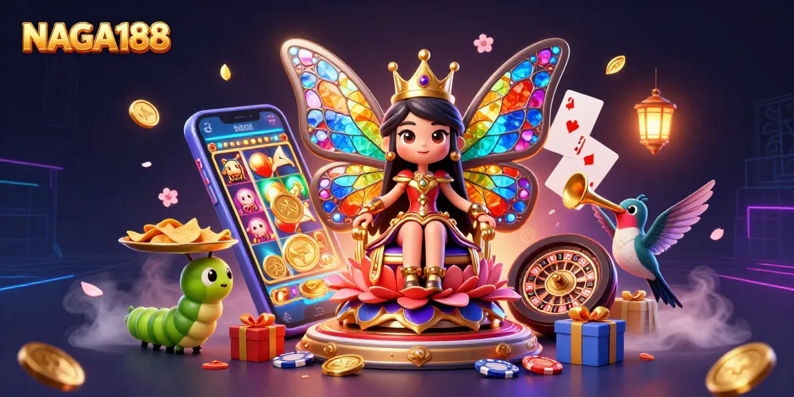 NAGA188 menghadirkan ilustrasi kasino dengan kuwen cantik bersayap kaca berwarna, penuh detail visual.
