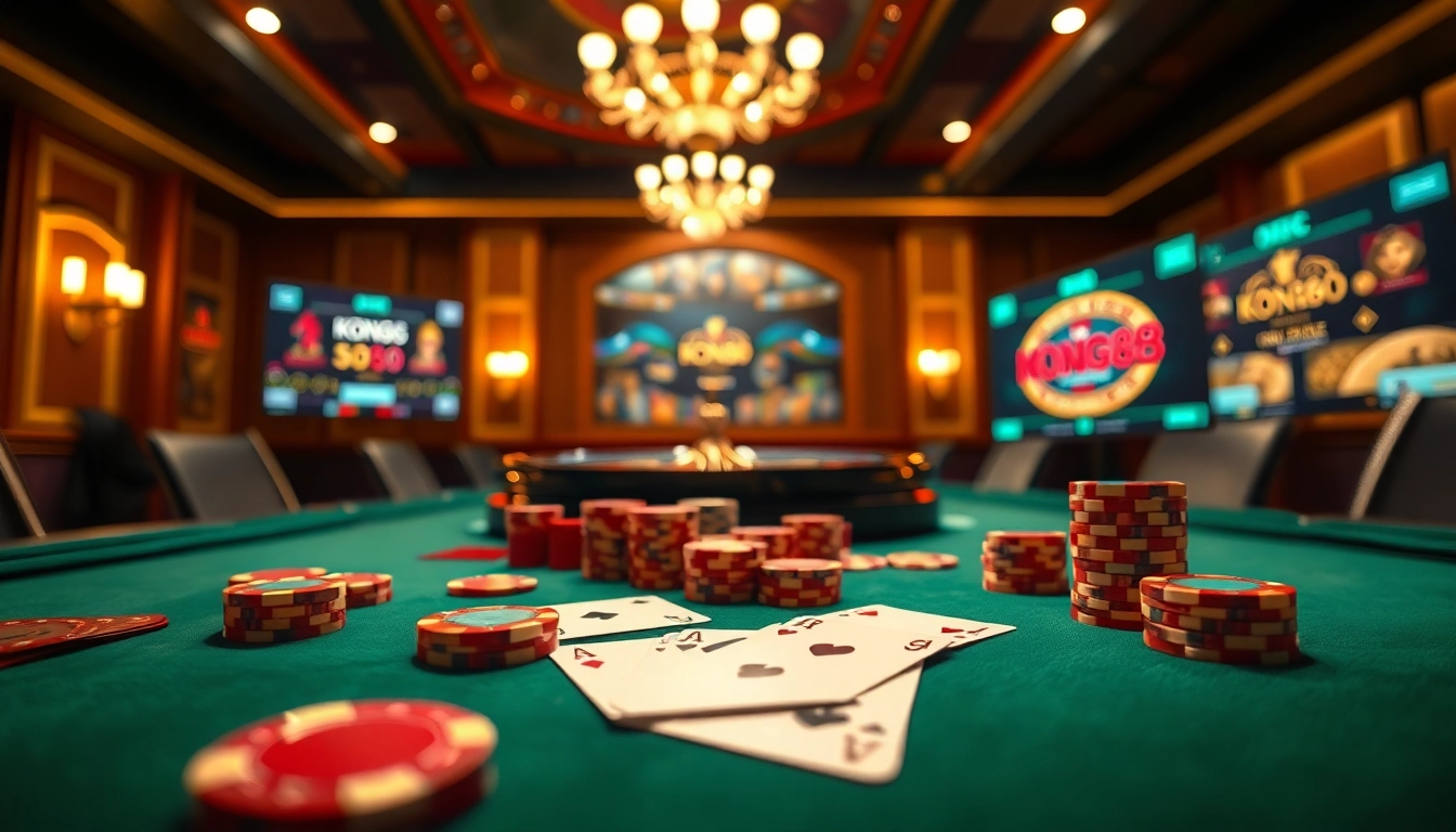 KONG88 players enjoying a thrilling poker game surrounded by luxurious casino decor and vibrant gaming elements.
