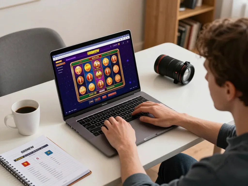Engaging in strategic online gaming at nhà cái 888NEW with vibrant slot game displayed on laptop