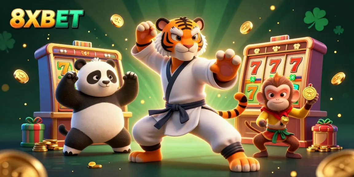 Engage in the thrilling 8XBET casino experience with colorful slot machines, featuring a playful scene of a kung fu tiger and panda.