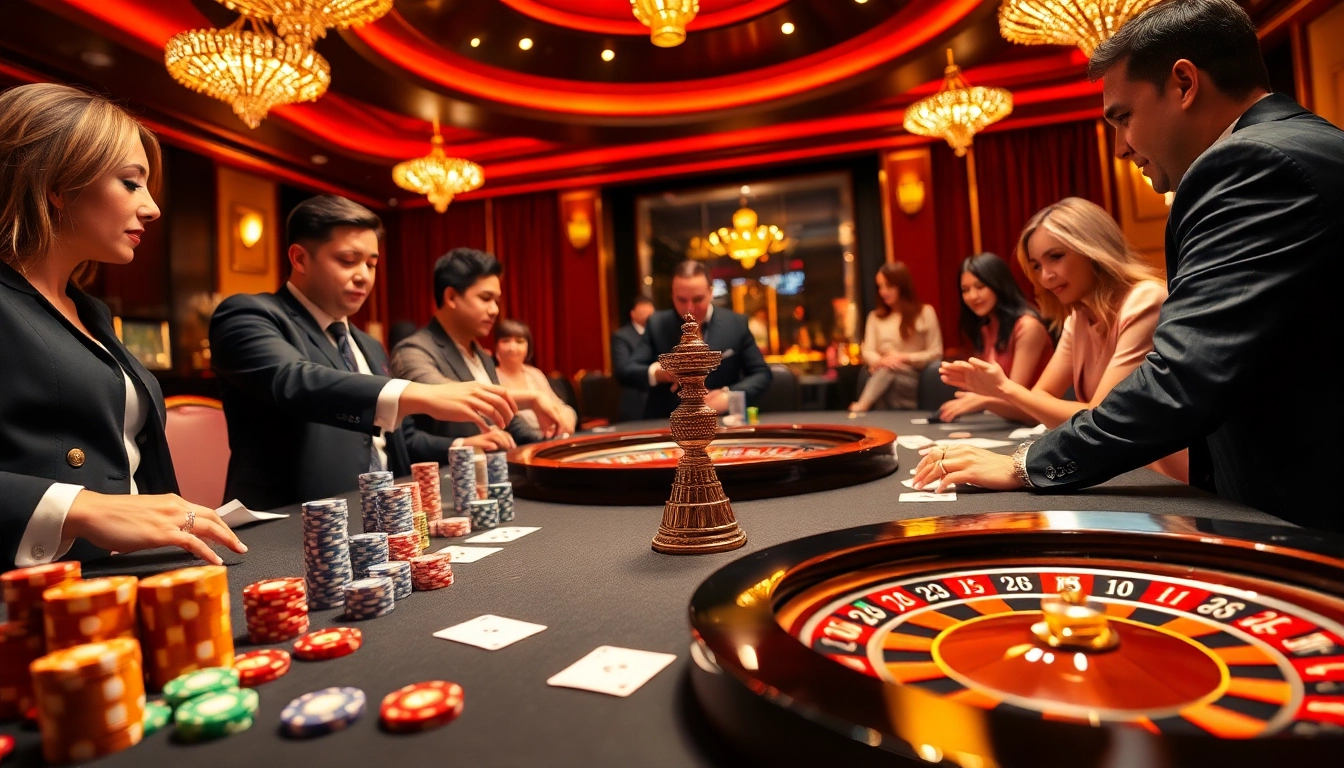 Players enjoying the excitement of gambling at Trang Chủ DEBET casino with vibrant colors and thrilling game elements.