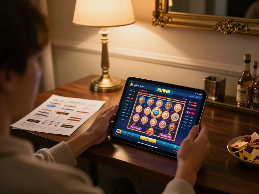 Engaged player enjoying KUWIN's online gambling interface in a cozy home setting