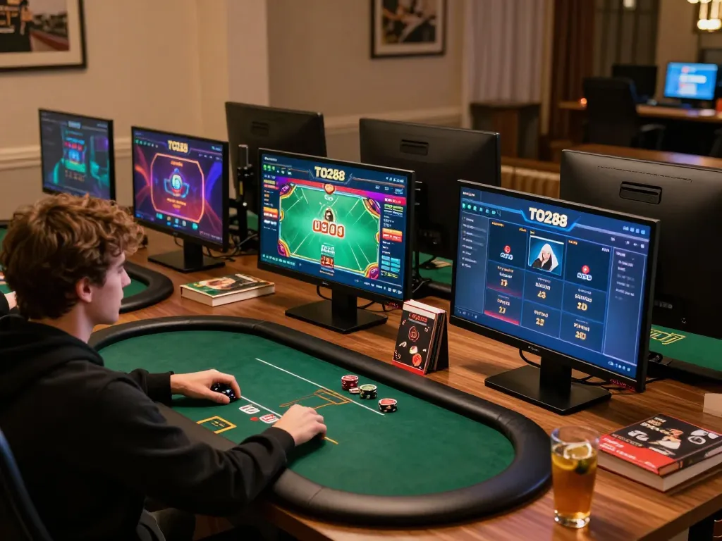 Engaged player at TO288 online casino, focused on poker gaming strategy on multiple screens.