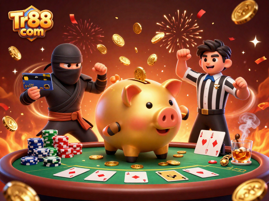 Experience exciting gameplay at Tr88 com with a lively scene of a sumo wrestler and ninja characters at a poker table.