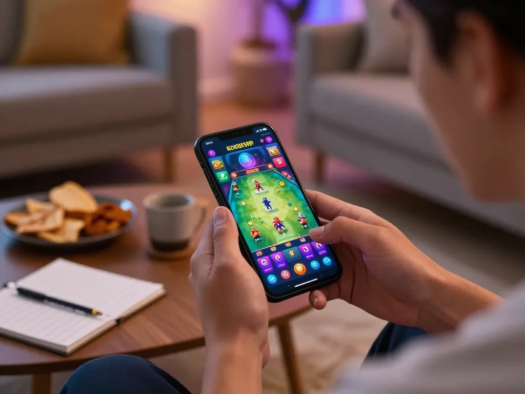 Engaging player enjoying kdslot app on smartphone in cozy home setup